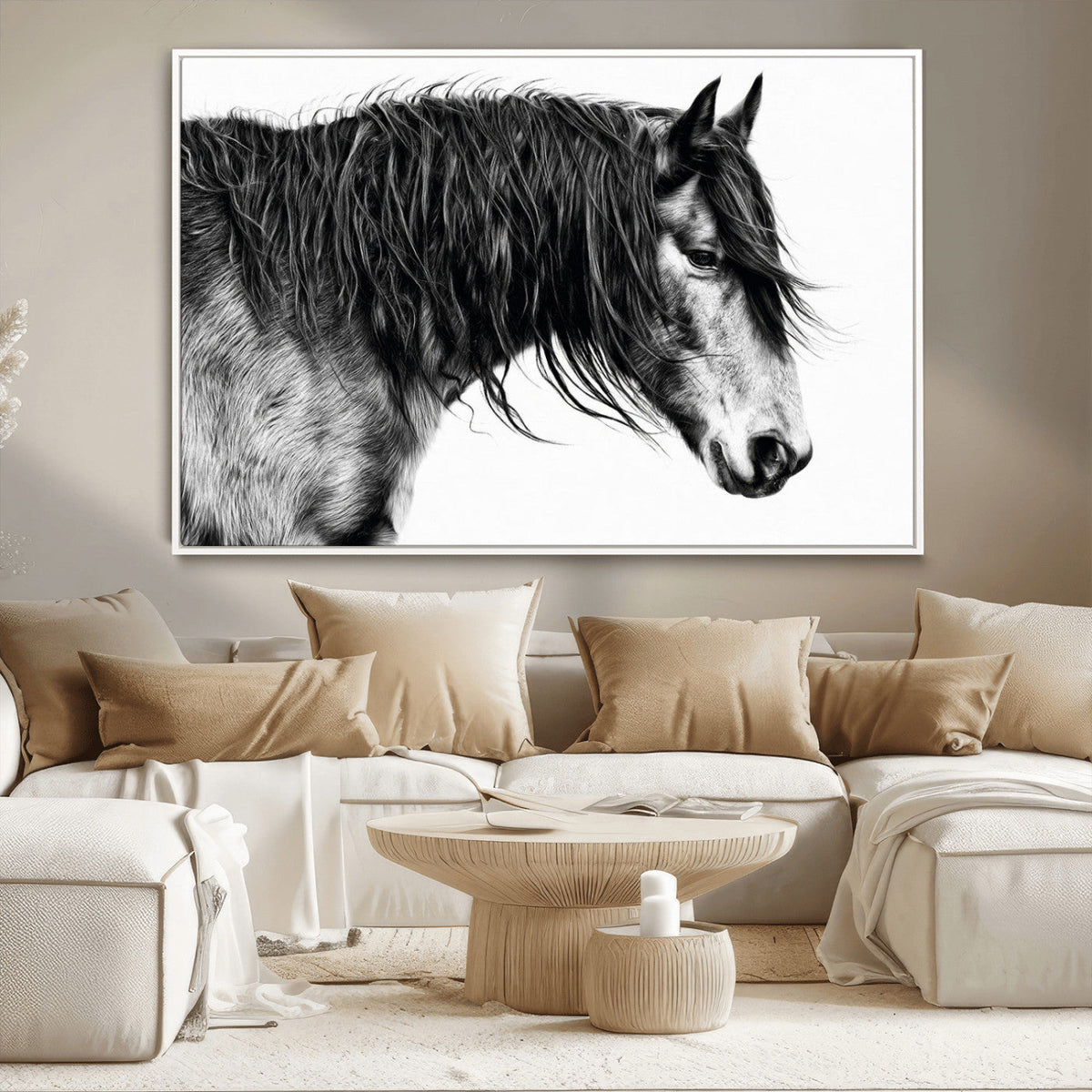Majestic Horse Wall Art – Framed Black White Portrait Canvas