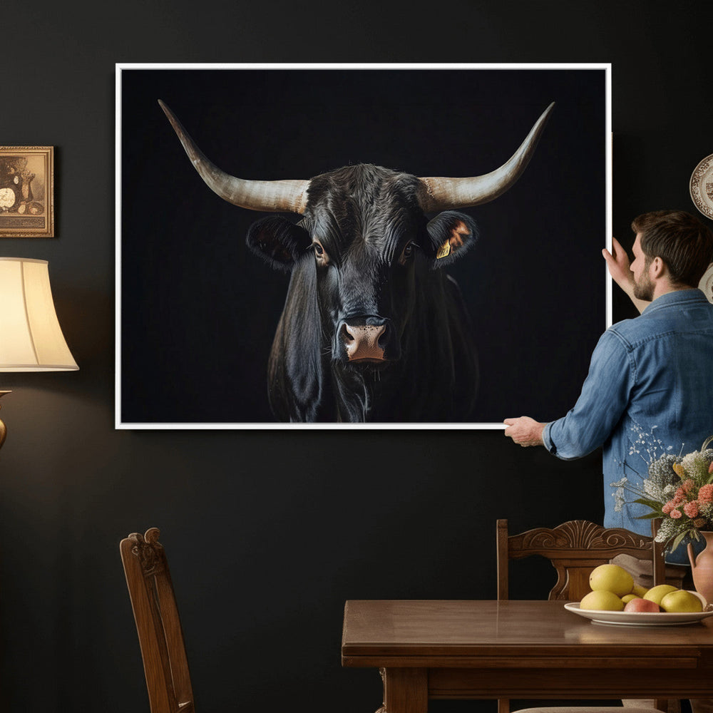 Majestic Longhorn Bull Wall Art Canvas Print – Dark
