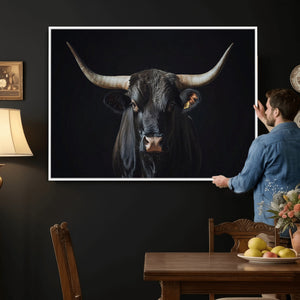 Majestic Longhorn Bull Wall Art Canvas Print – Dark
