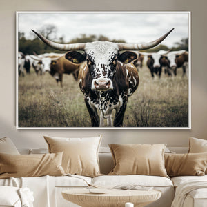Texas Longhorn Wall Art – Framed Speckled Cow Canvas