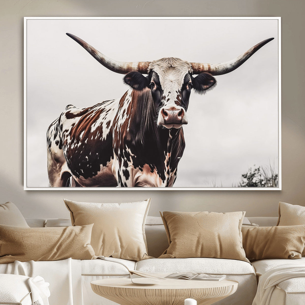 Texas Longhorn Wall Art Canvas Print – Framed Spotted Bull