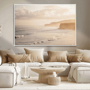 Misty Coastal Wall Art Canvas Print – Framed Golden Sunset
