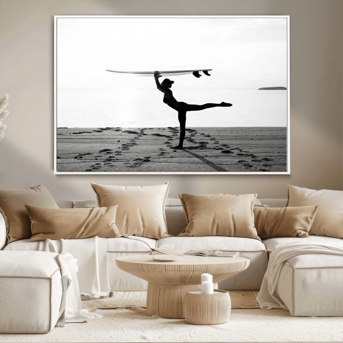 Yoga Surf Wall Art Canvas Print – Framed Black White Shore