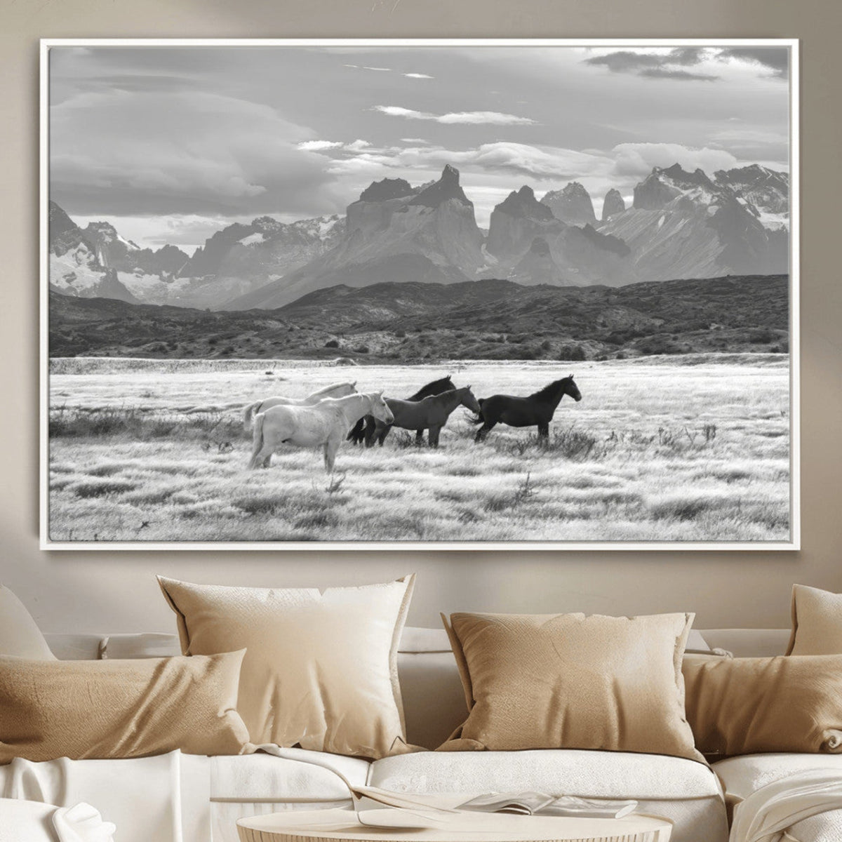 Wild Horses Wall Art Canvas Print – Framed Black and White