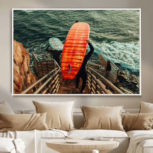 Surfer Stairway Wall Art – Framed Ocean Surf Canvas Artwork,