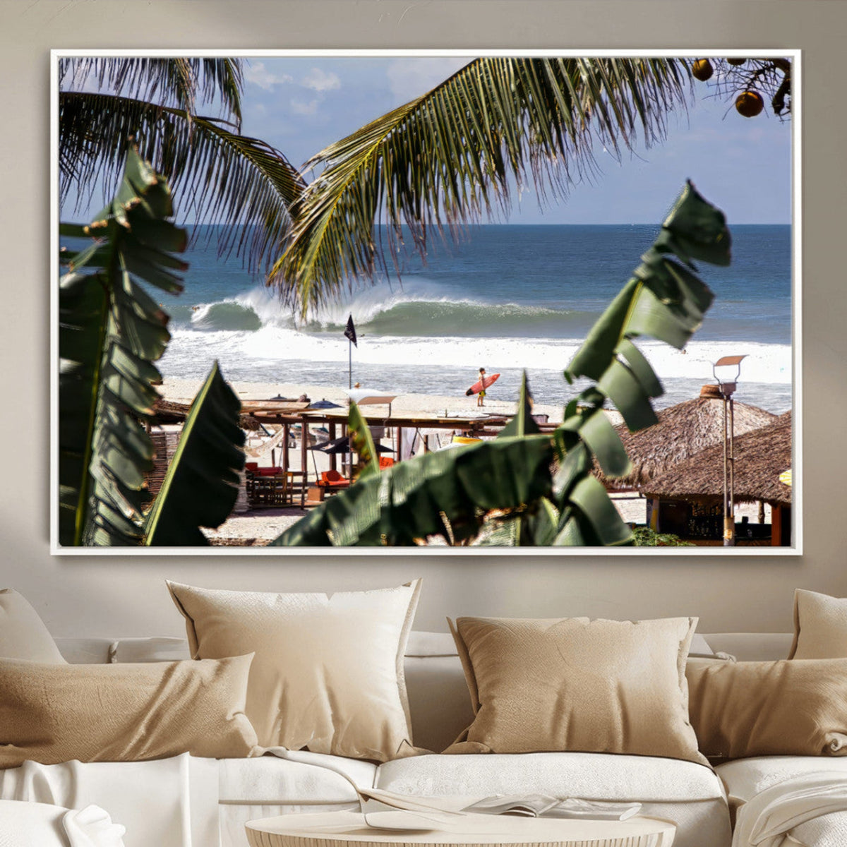 Tropical Shoreline Wall Art Canvas Print – Framed Surfer