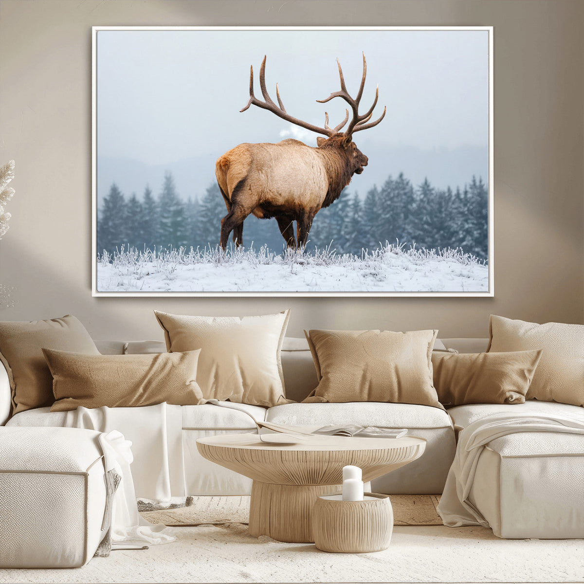 Elk Wall Art Canvas Print – Framed Snowy Forest Scene Art