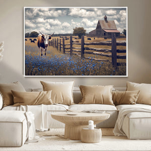 Texas Longhorn Canvas Wall Art Print – Framed Rustic Barn