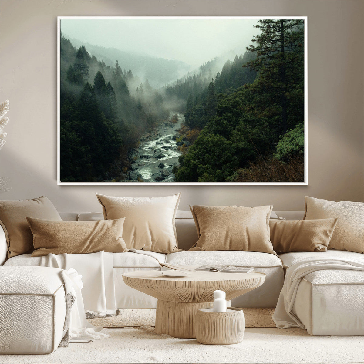 Misty Forest Wall Art Canvas Print – Framed Foggy River