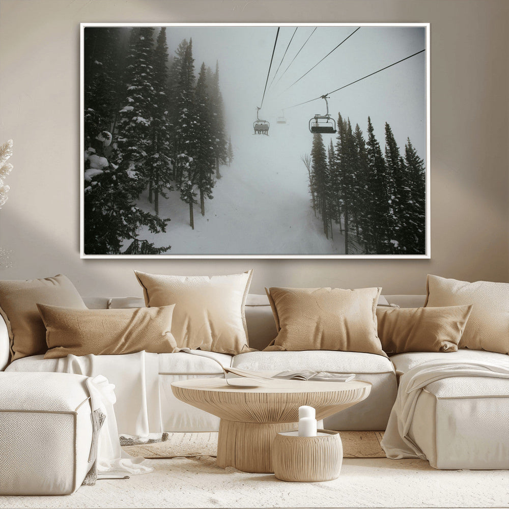 Ski Lift Wall Art Canvas Print – Snowy Pines Misty Landscape