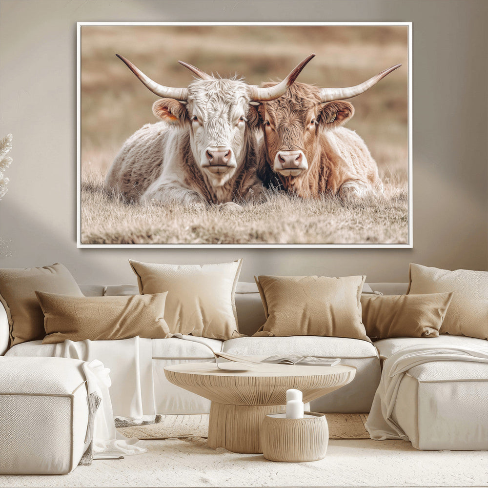 Couple Highland Cows Wall Art Canvas Print – Peaceful Meadow