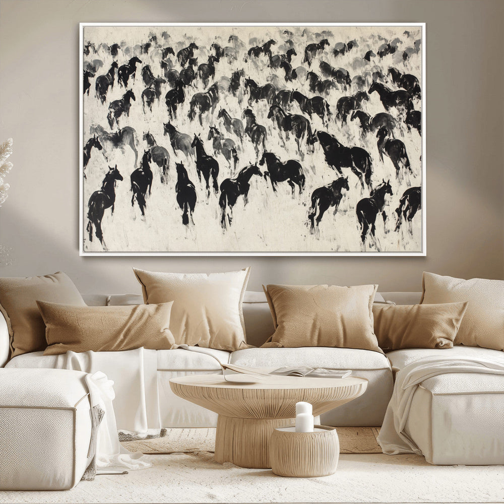Wild Horse Stampede Wall Art Canvas Print – Monochrome