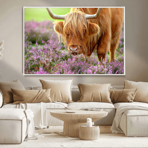 Highland Cow Wall Art Canvas Print – Framed Purple Flowers