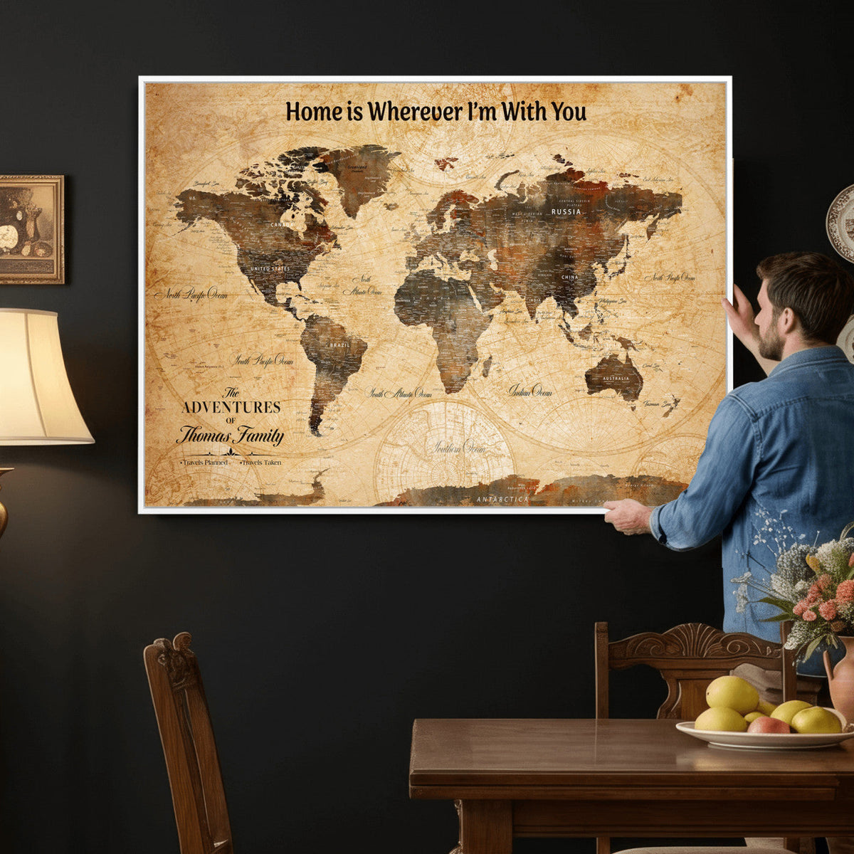 Vintage World Map Canvas Wall Art Print, Personalized