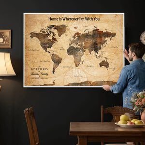 Vintage World Map Canvas Wall Art Print, Personalized