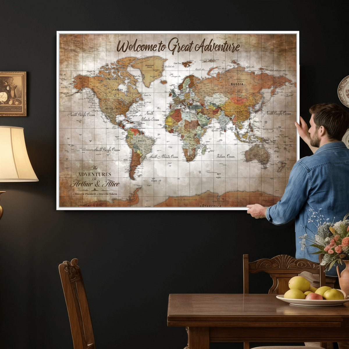 Personalized Vintage Map Wall Art Canvas Print – Custom Push
