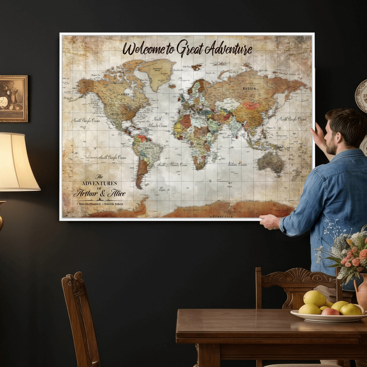 Personalized World Map Wall Art Canvas Print – Custom Push