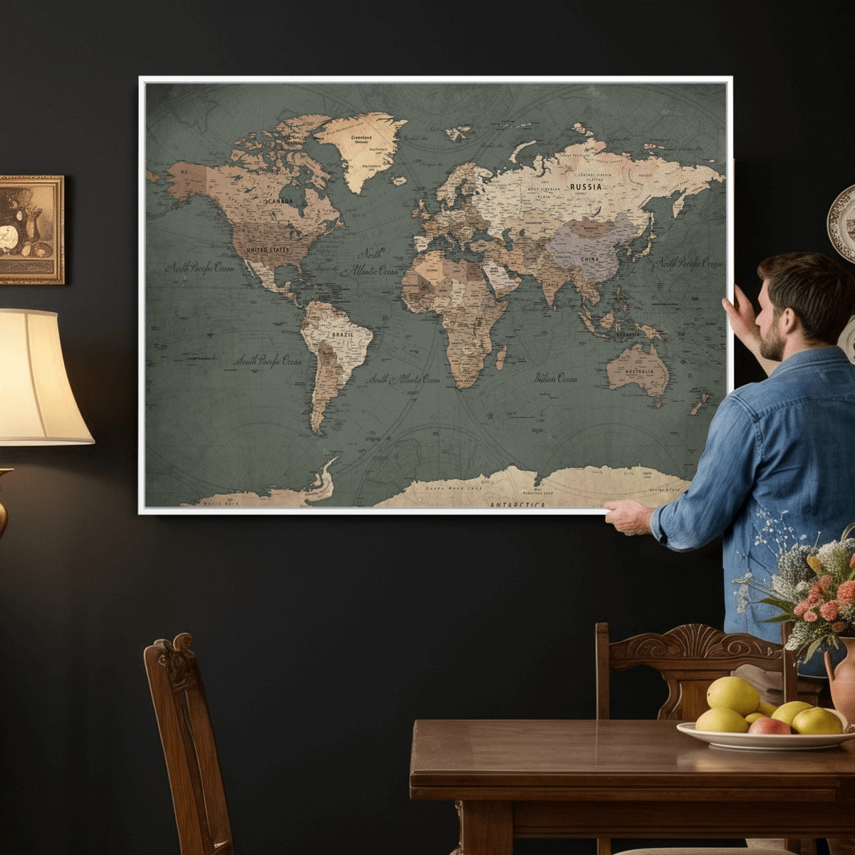 Rustic Black and Wood World Map Canvas Wall Art – Framed