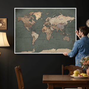 Rustic Black and Wood World Map Canvas Wall Art – Framed