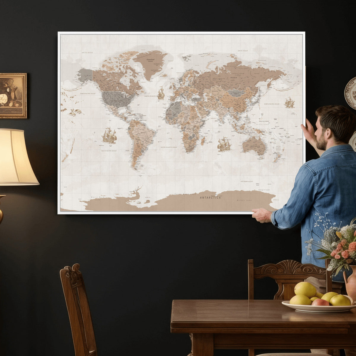 Framed Large World Map Canvas Print for Office Decor