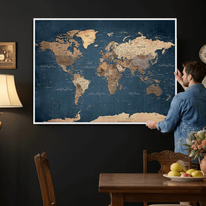 Navy Blue World Map Canvas Print – Framed Travel Map Wall