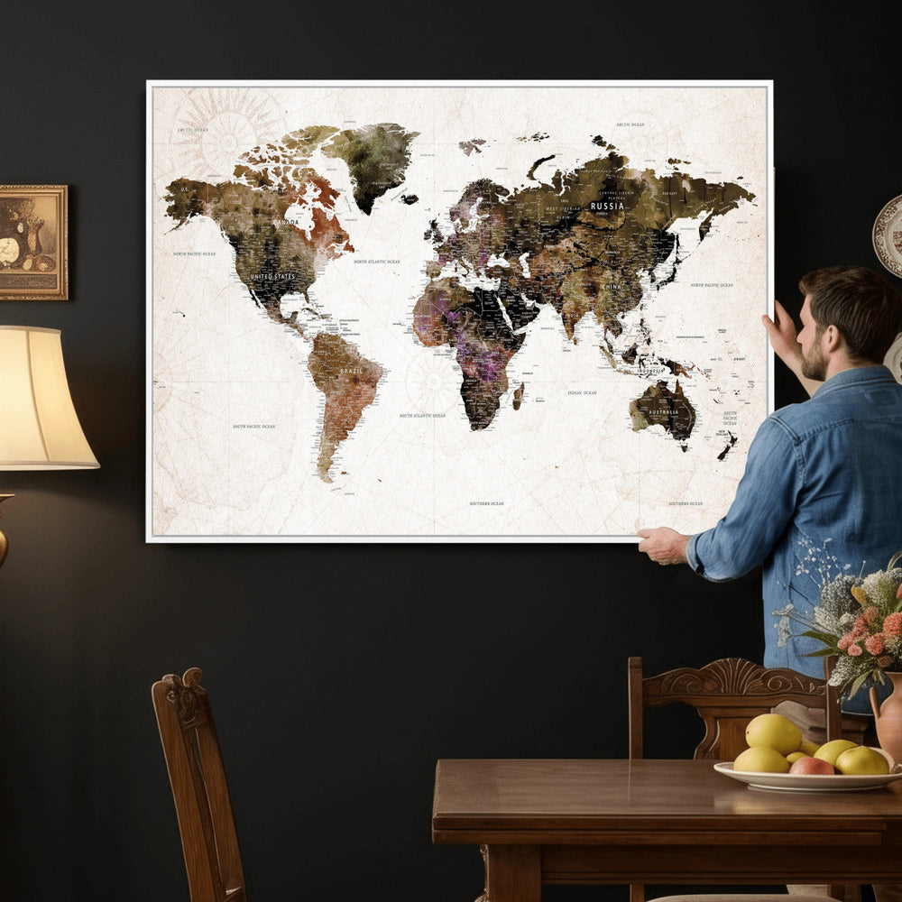 Watercolor World Map Print - Large Wall Art Canvas Print for