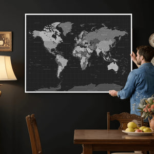 Black World Map Wall Art Canvas Print – Detailed Map of the
