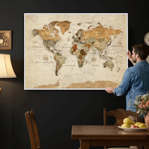 Rustic Vintage World Map Canvas Print – Framed Modern