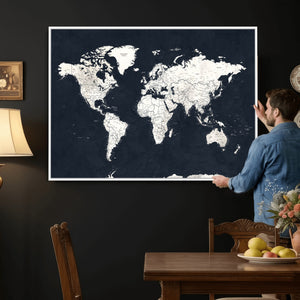 Black World Map Wall Art Canvas Print for Home Office and