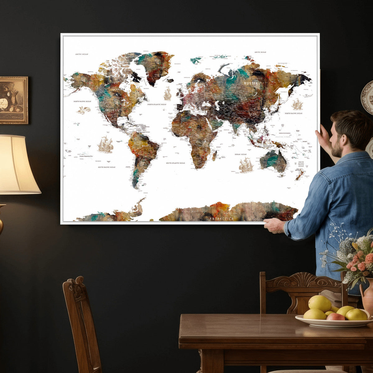 Watercolor World Map Canvas Print – Detailed Map of the