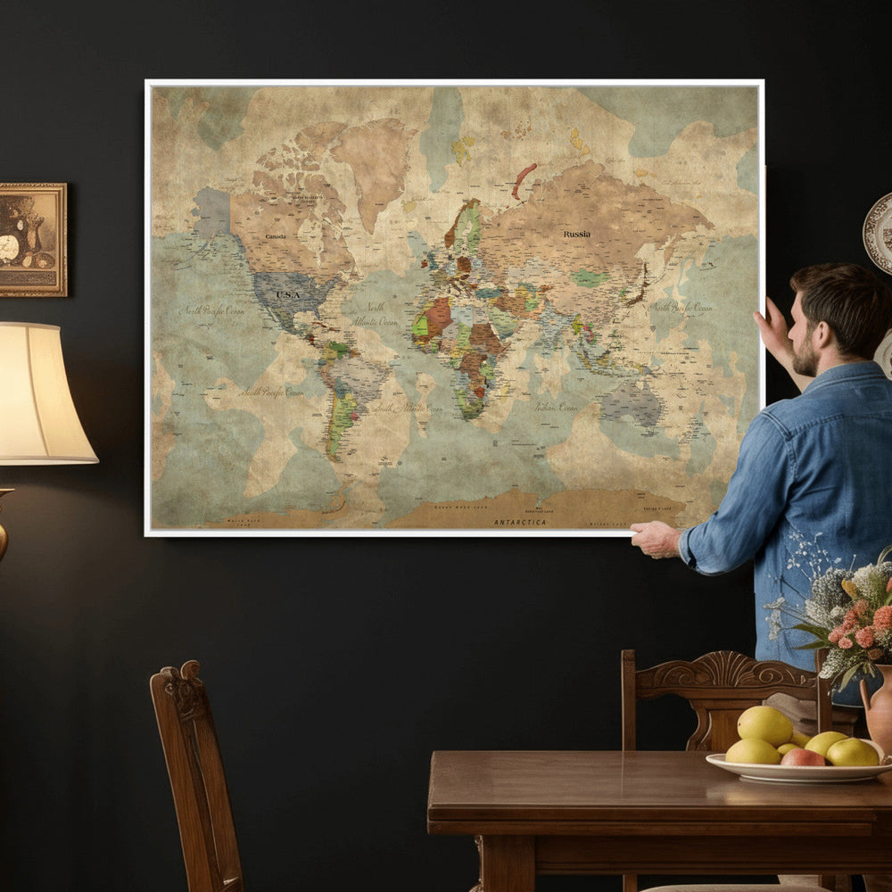 World Map Wall Art Canvas Print, Rustic Map Print, Framed