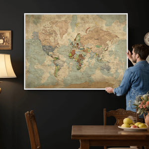 World Map Wall Art Canvas Print, Rustic Map Print, Framed