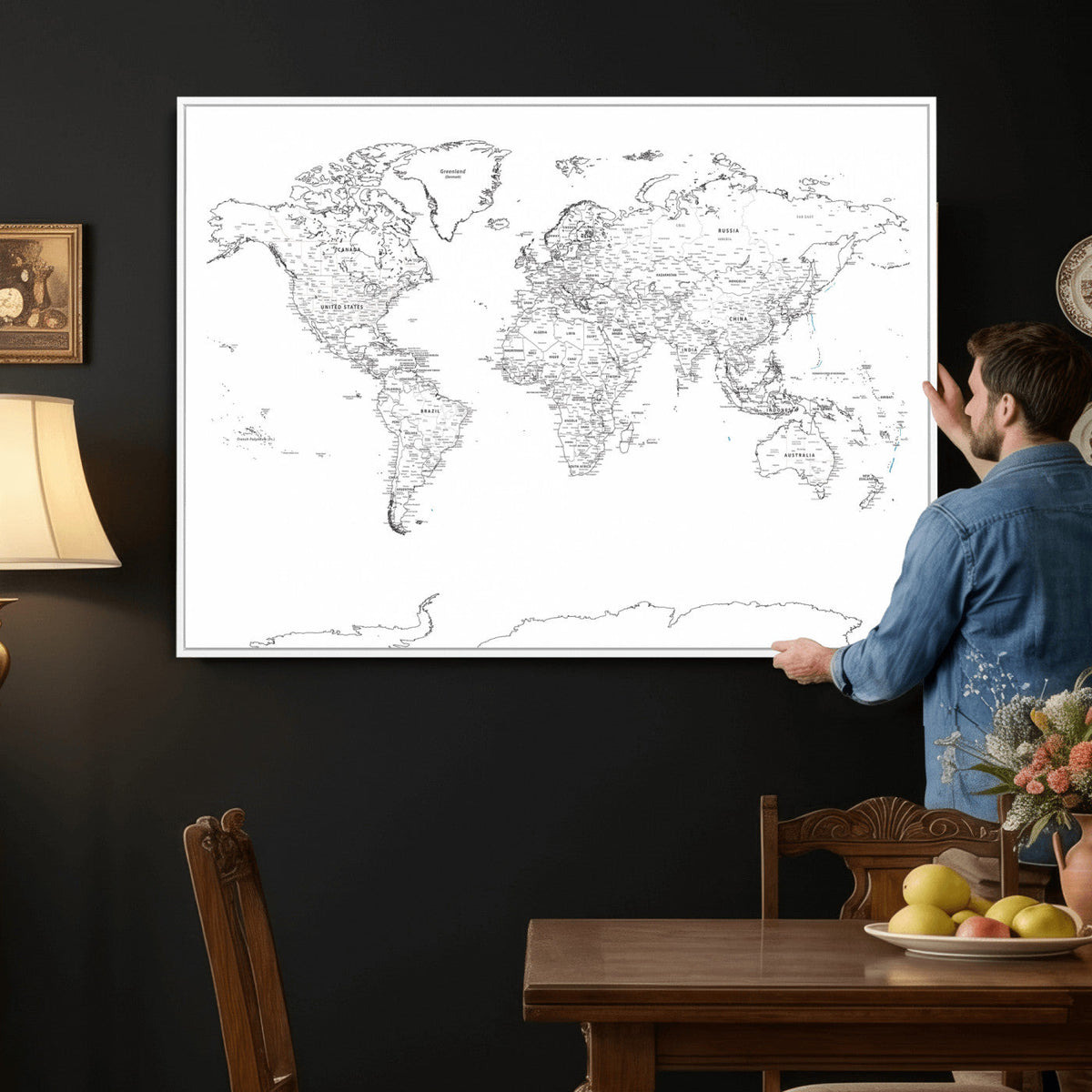 World Map Canvas Print – Framed Modern Detailed Map of the