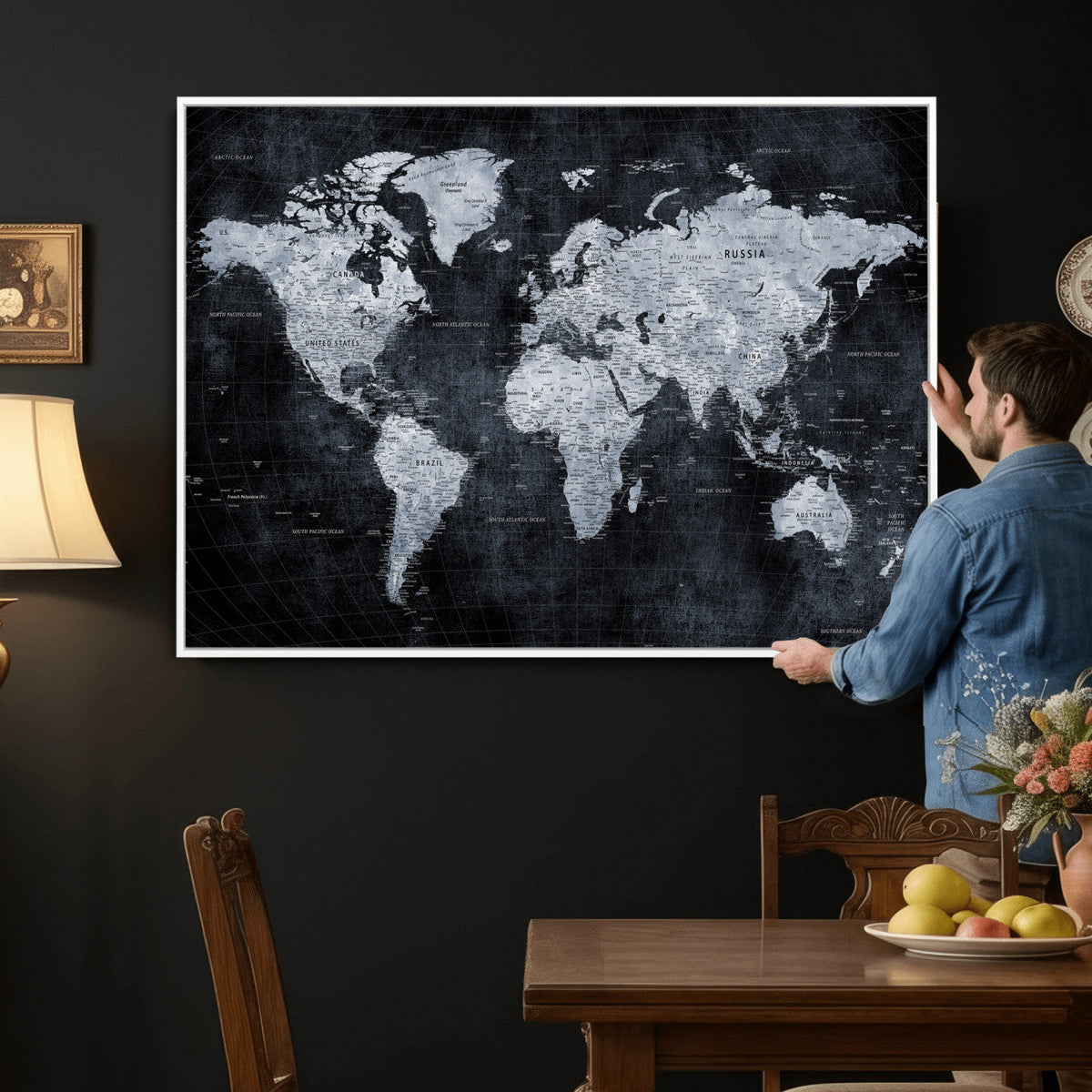 Black World Map Canvas Print – Detailed Map for Couples and