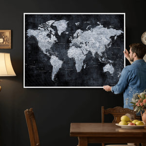 Black World Map Canvas Print – Detailed Map for Couples and