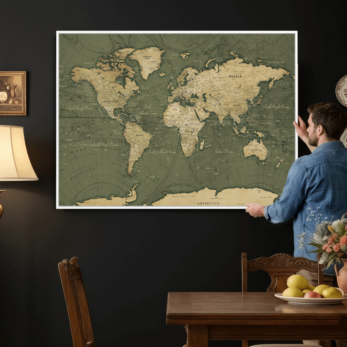 Large World Map Canvas Wall Art Print for Study Room Decor -