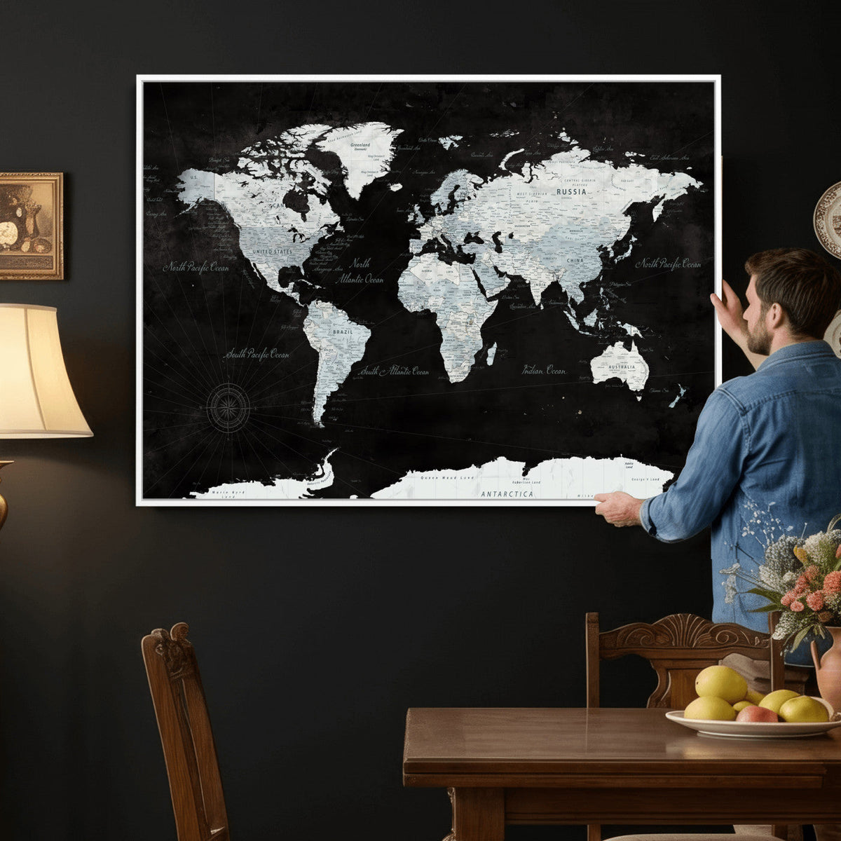 World Map Canvas Print – Framed Push Pin Wall Art, Color