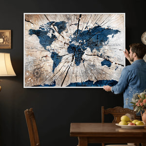 Rustic World Map Canvas Print – Framed Wall Art for Couples,