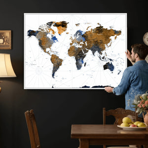 World Map Wall Art Canvas Print, Modern Decorative Framed