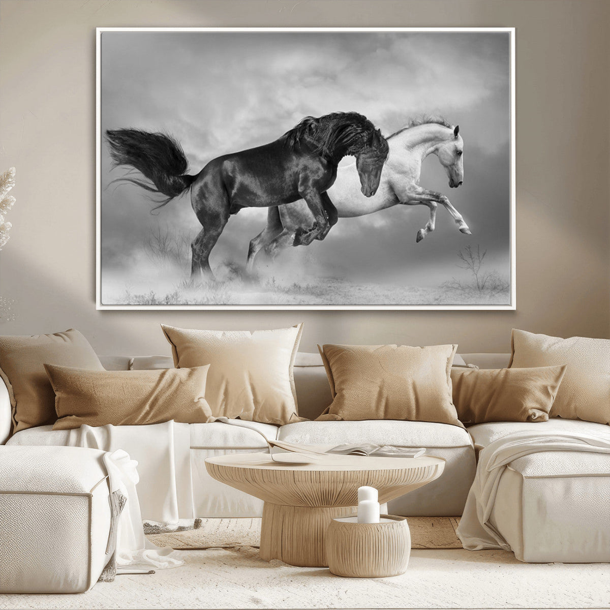 Wild Horses Wall Art Canvas Print – Framed Black and White