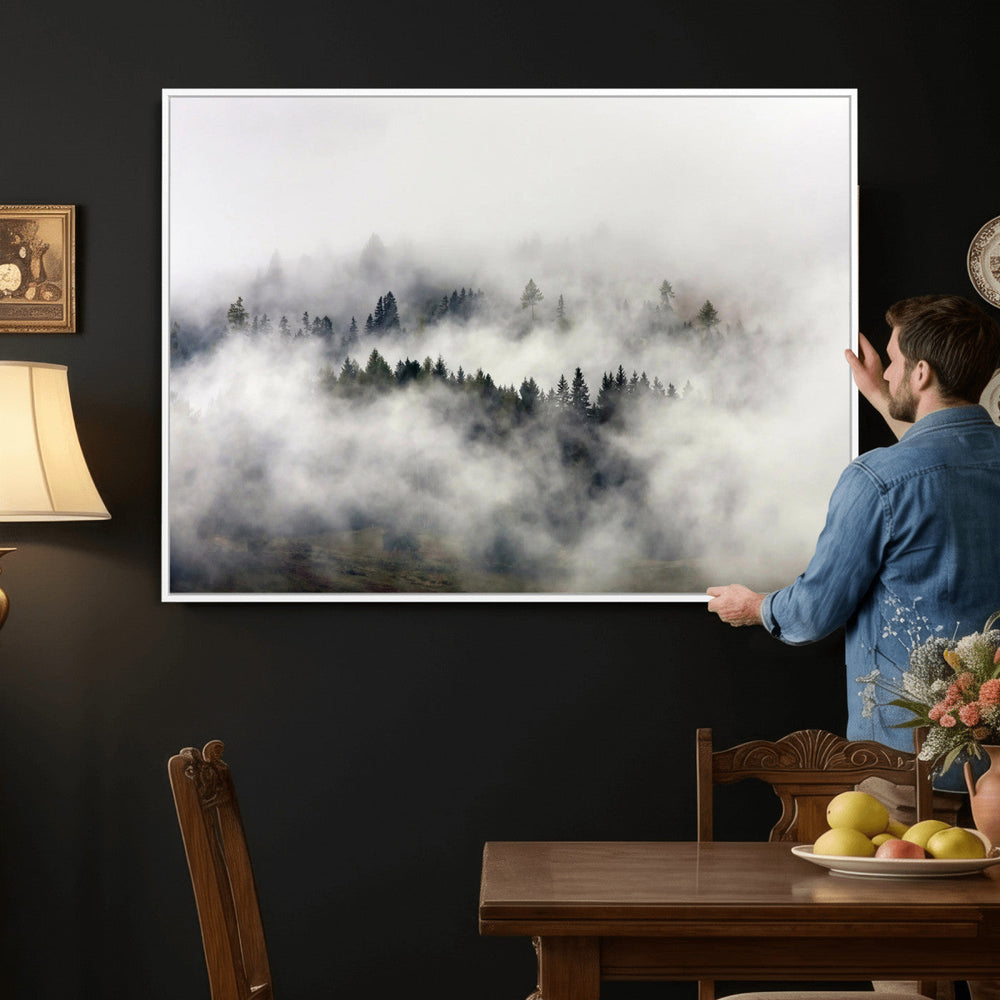 Foggy Forest Wall Art Canvas Print, Misty Pine Tree