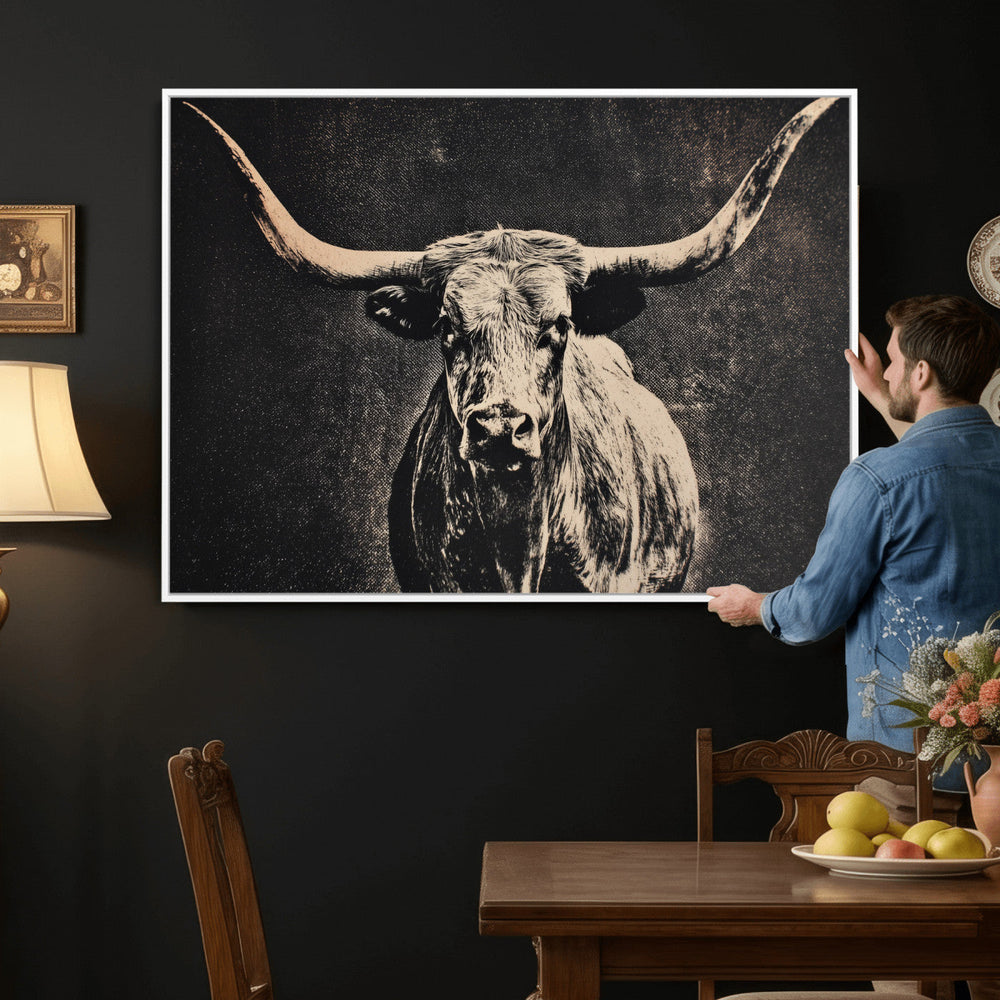Vintage Texas Longhorn Bull Wall Art Canvas Print, Cow