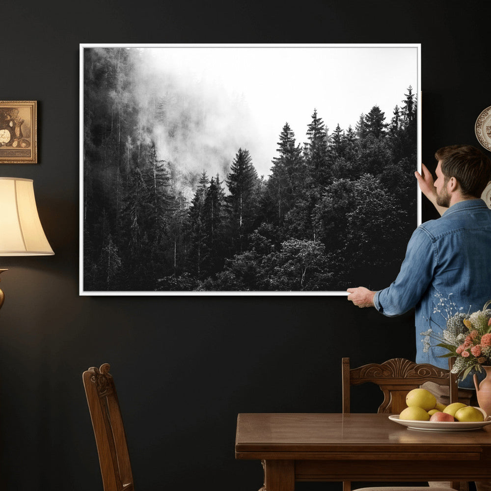 Black White Forest Wall Art Canvas Print, Misty Pine Tree
