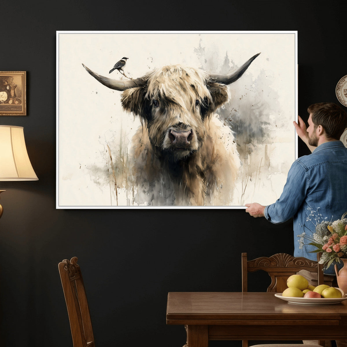 Abstract Highland Cow Wall Art Canvas Print, Rustic Farm