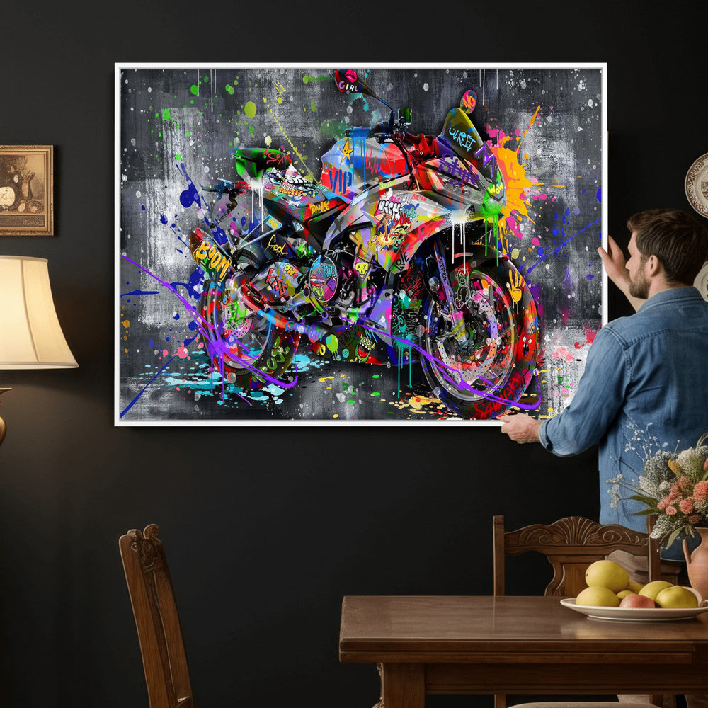 Graffiti Motorcycle Wall Art Canvas Print, Urban Street Art