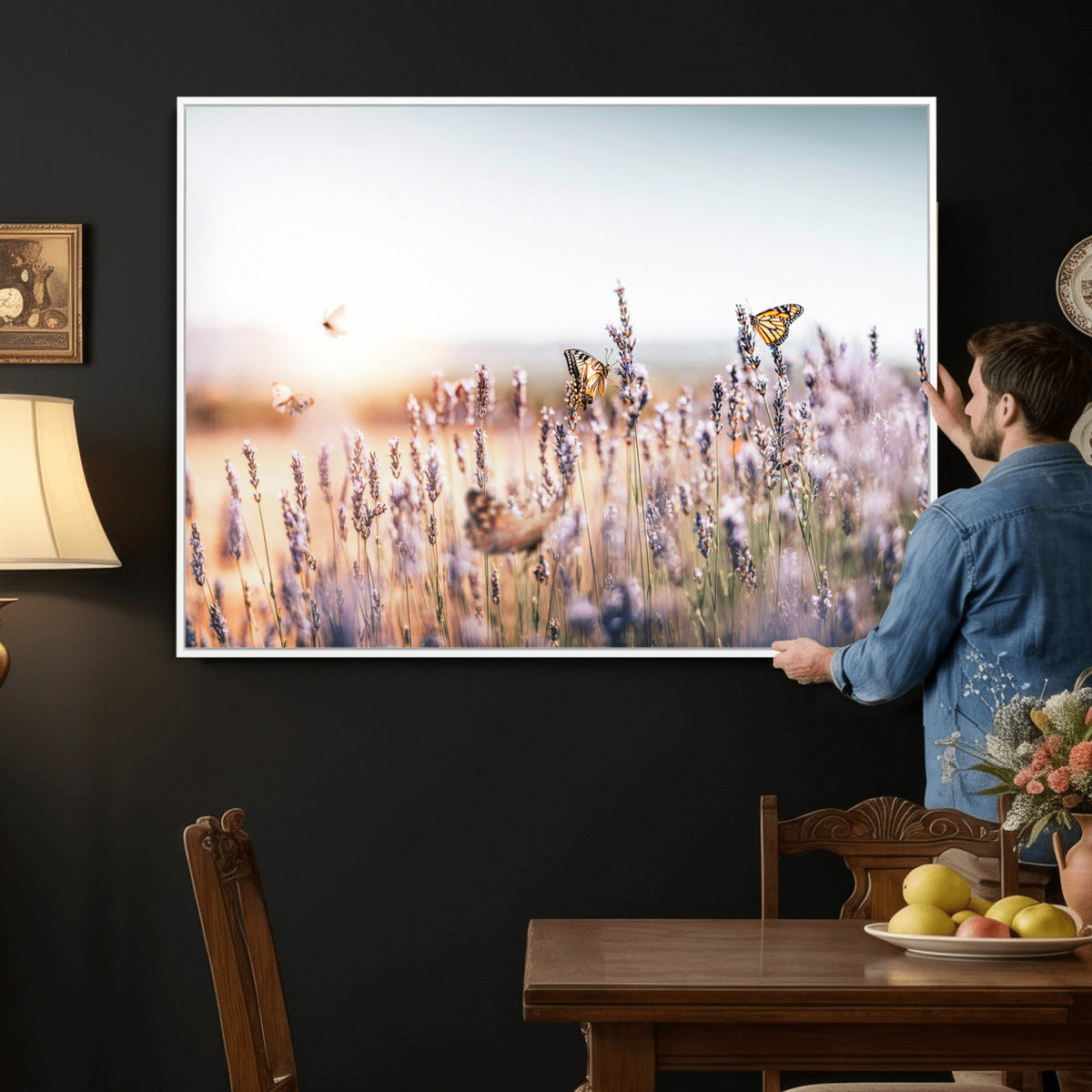 Lavender Field Wall Art Canvas Print, Butterfly Floral