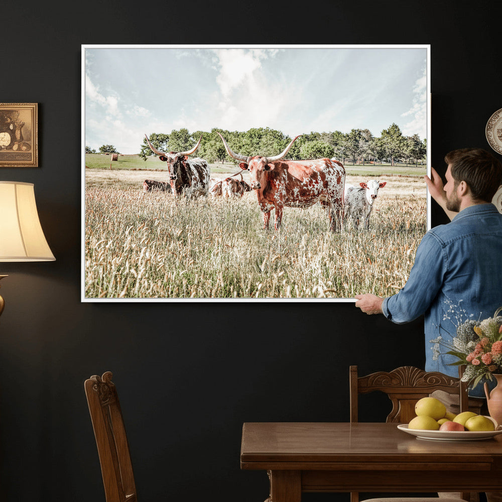 Texas Longhorn Cattle Wall Art Canvas Print, Rustic Ranch