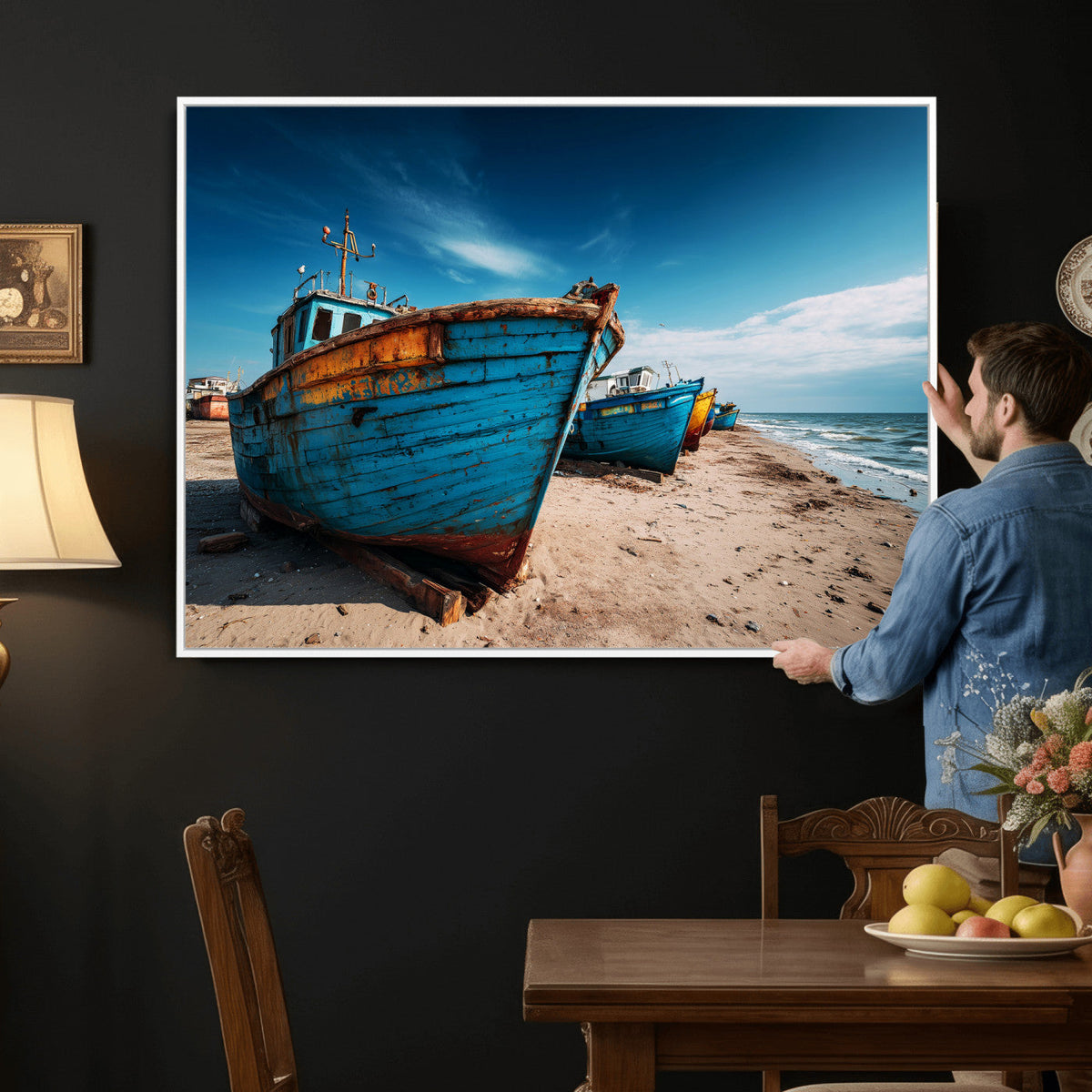 Coastal Fishing Boats Wall Art Canvas Print, Sunset Beach