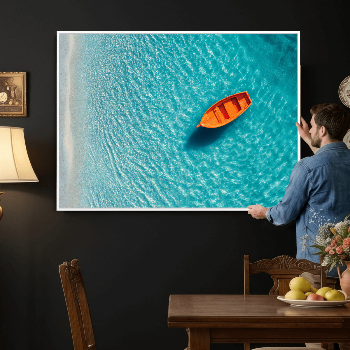 Minimalist Boat Wall Art Canvas Print, Aerial Sea Landscape