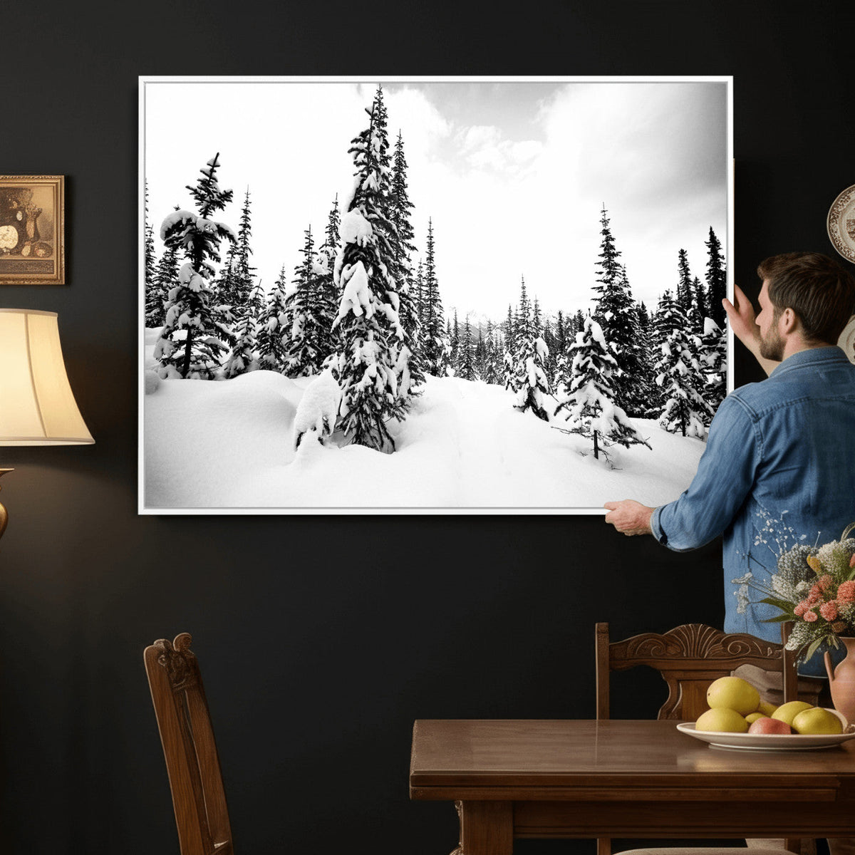 Black and White Snowy Pine Forest Wall Art Canvas Print,